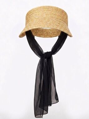 Janessa Leone Straw Visor with Chiffon Wrap Under Chin